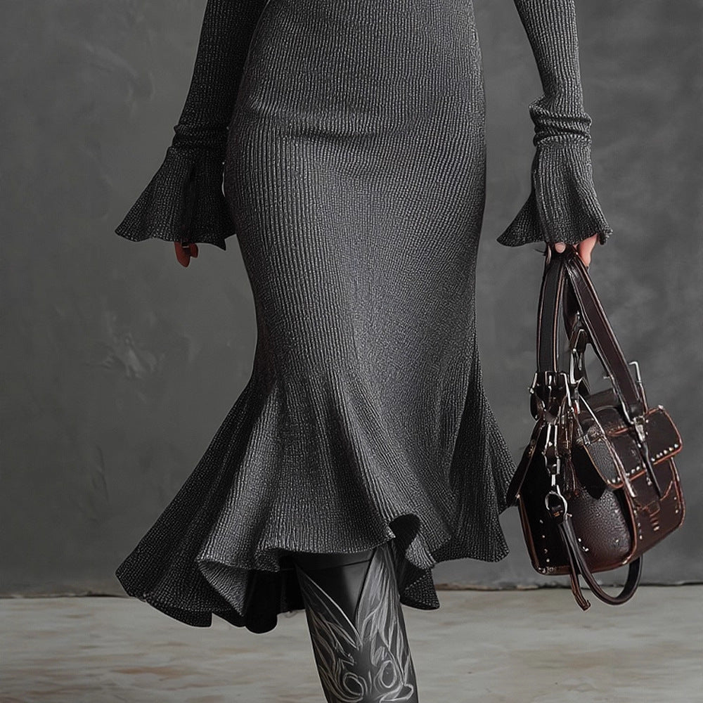Pleated-collar Flared-sleeve Knitted Mermaid Skirt