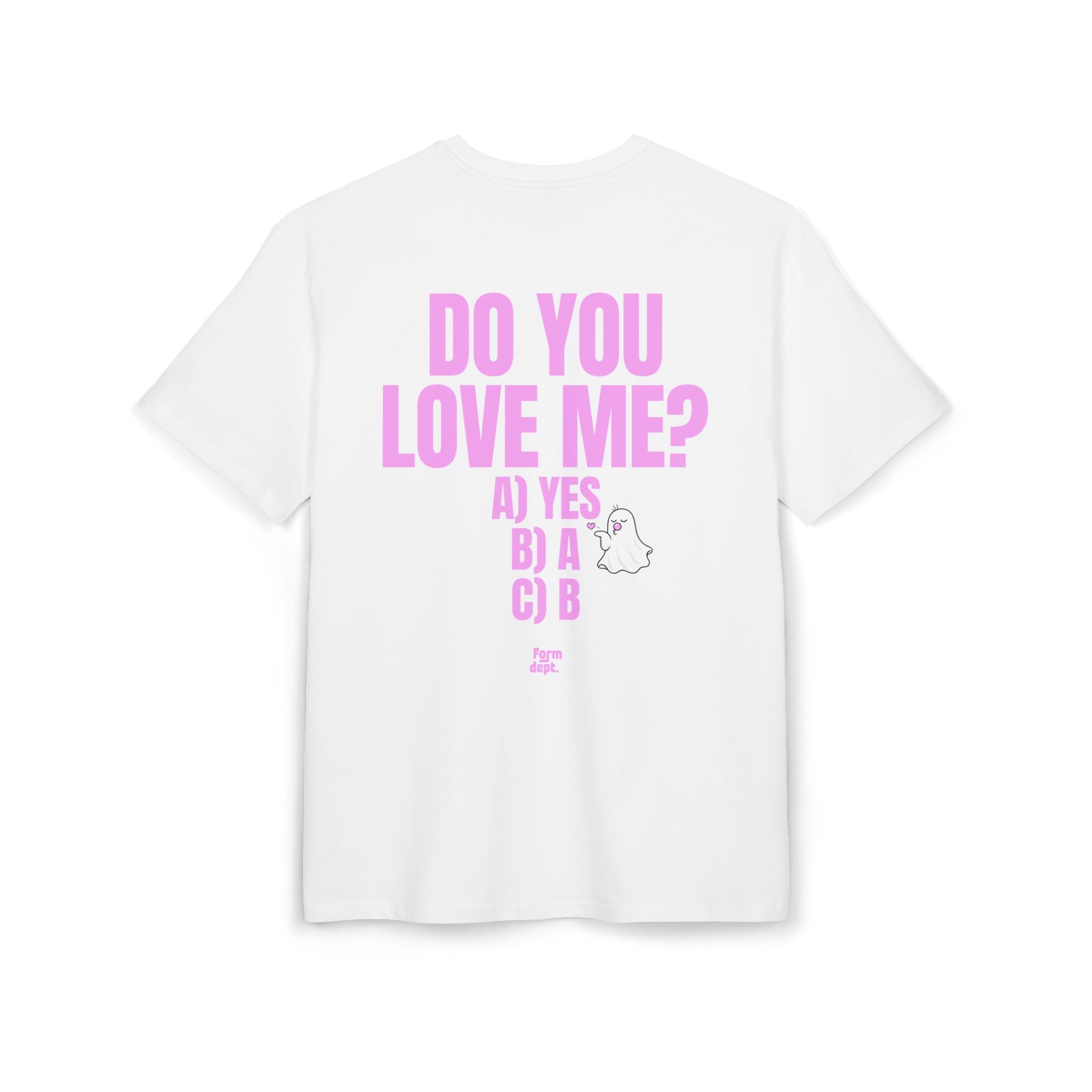 Camiseta oversize unisex «Do You Love Me?» con estampado rosa – vista 5 – Form Dept.
