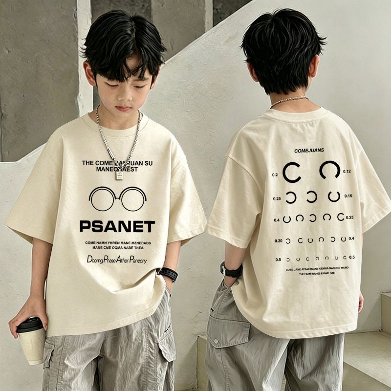 Boys'PSANET" Eye Chart Graphic T-Shirt – Oversized Short Sleeve Cotton Tee for Kids