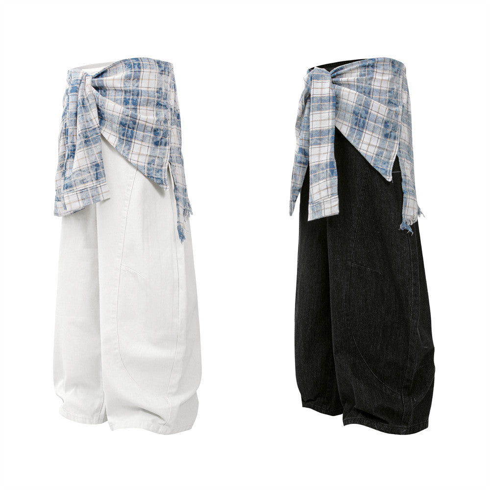Fake two piece checkered spliced waist strap loose wide leg pants