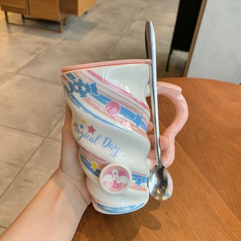 Candy Flamingo Ceramic Cup With Lid And Stainless Steel Spoon