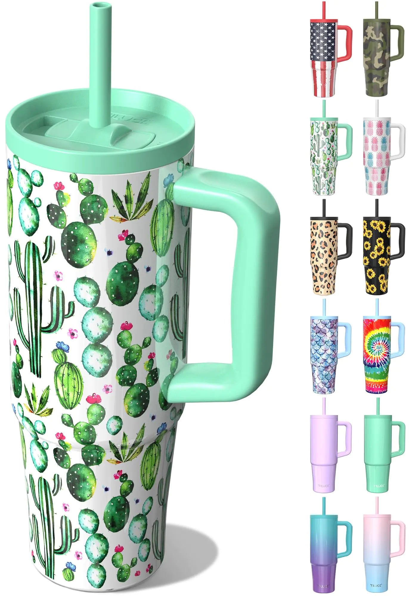 TILUCK 30 oz Tumbler with Handle and Straw Lid Leak-Proof Cupholder Friendly Travel Mug Stainless Steel Double Wall Vacuum Insulated Tumbler for Water Iced Coffee or Tea (Cactus)