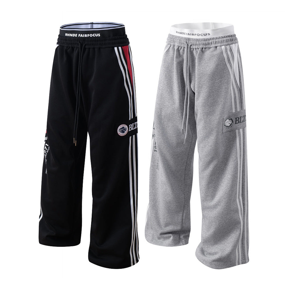 Splicing three stripes on the side of the bar loose wide leg pants