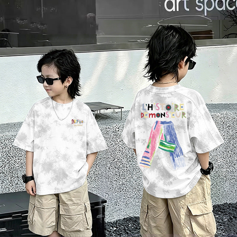 Men's Big Kids Short Sleeve T-Shirt New Style Children's Boy Casual Loose Top Trendy T-shirt