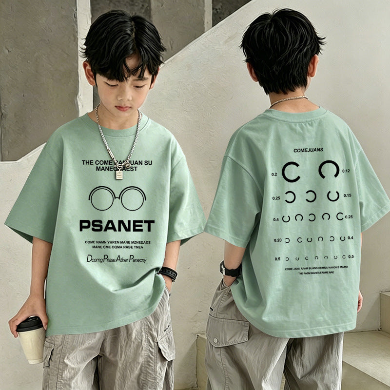Boys'PSANET" Eye Chart Graphic T-Shirt – Oversized Short Sleeve Cotton Tee for Kids