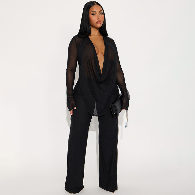 Fashionable Sexy Mesh Off-Shoulder Tie-Up Long Sleeve Top with Fitted Pants Set