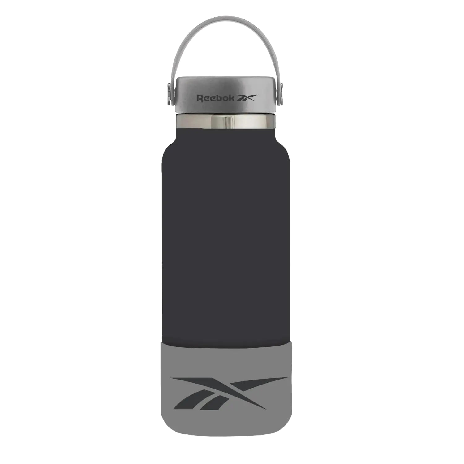 Reebok Stainless Steel Water Bottle With Handle & Athletic Design - Insulated Water Bottle 40 oz - Double Wall Vacuum Insulated Sports Water Bottle With Silicone Sleeves BPA Free (Black/Grey)
