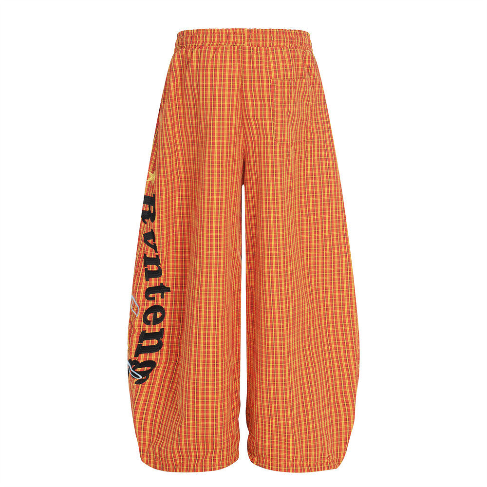 Embroidered plaid curved knife pants with letters