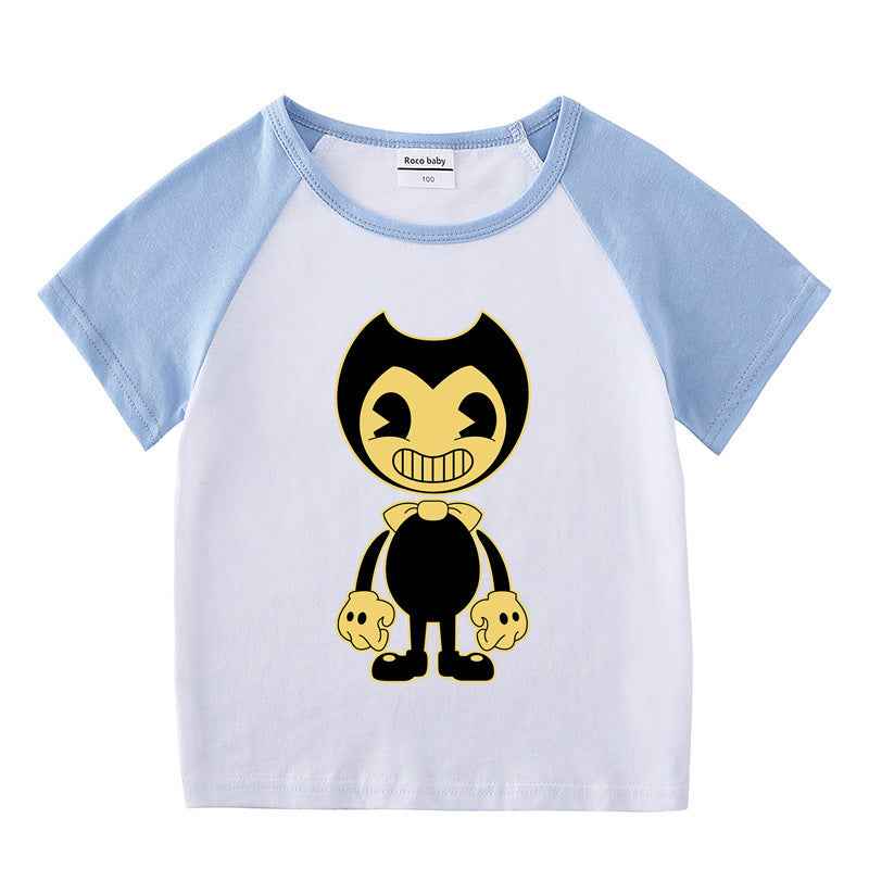 Short sleeved T-shirt for boys and girls with shoulder inserted base