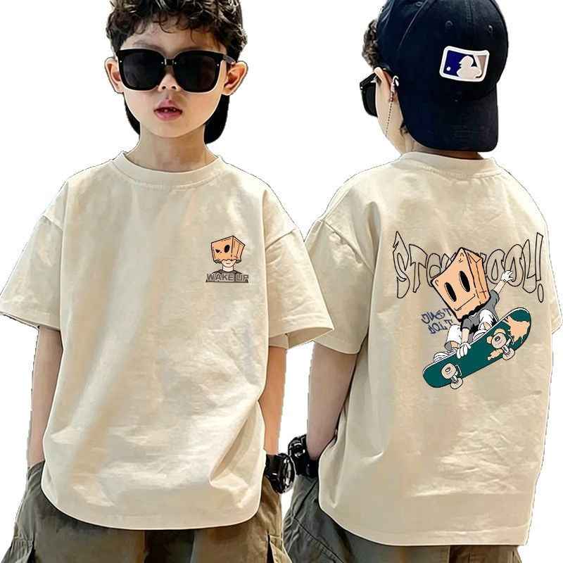 Casual Short Sleeve T-Shirt for Boys, Cartoon Print