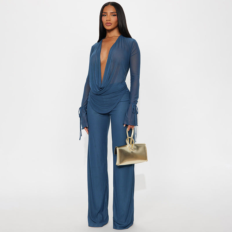 Fashionable Sexy Mesh Off-Shoulder Tie-Up Long Sleeve Top with Fitted Pants Set