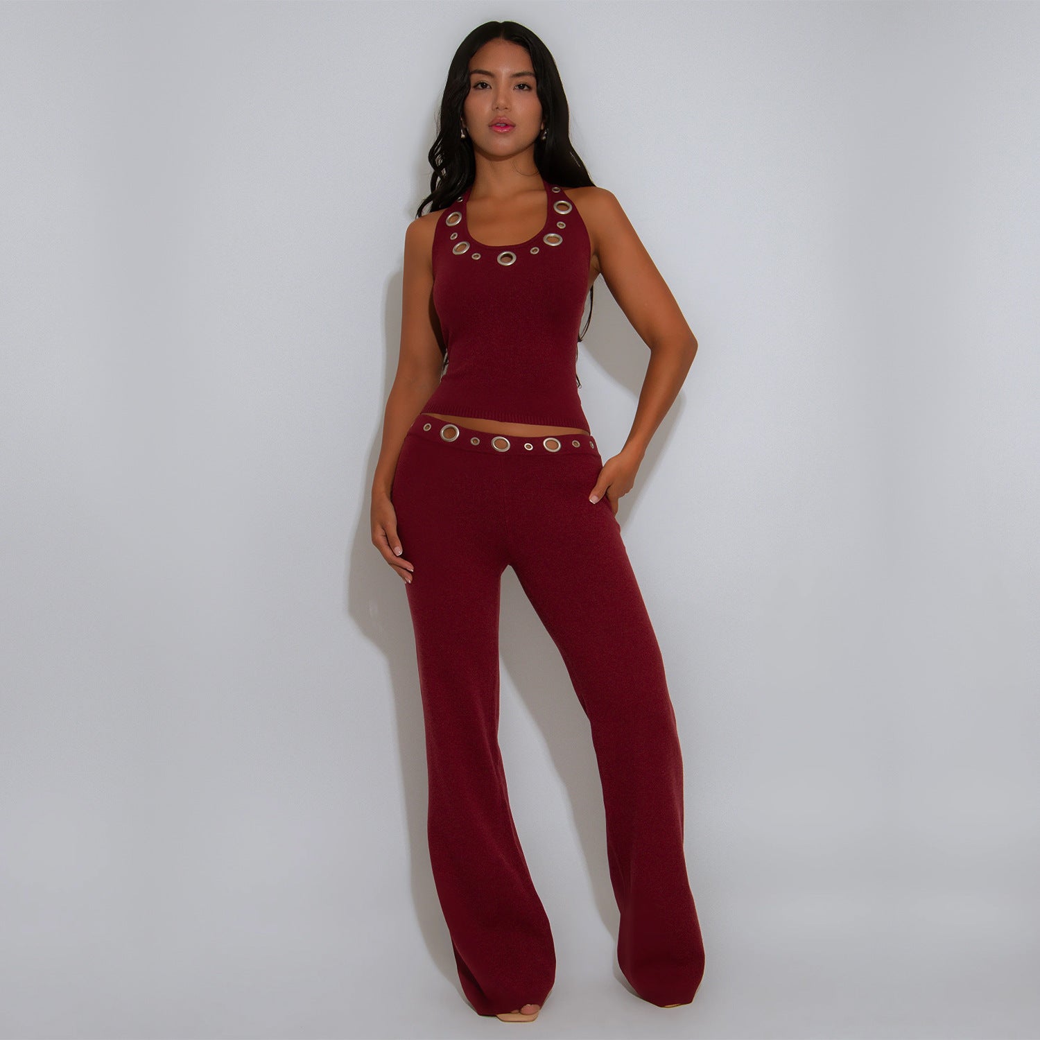 Fashion Women's Casual Fitted Eyelet Button Top and Pants Set