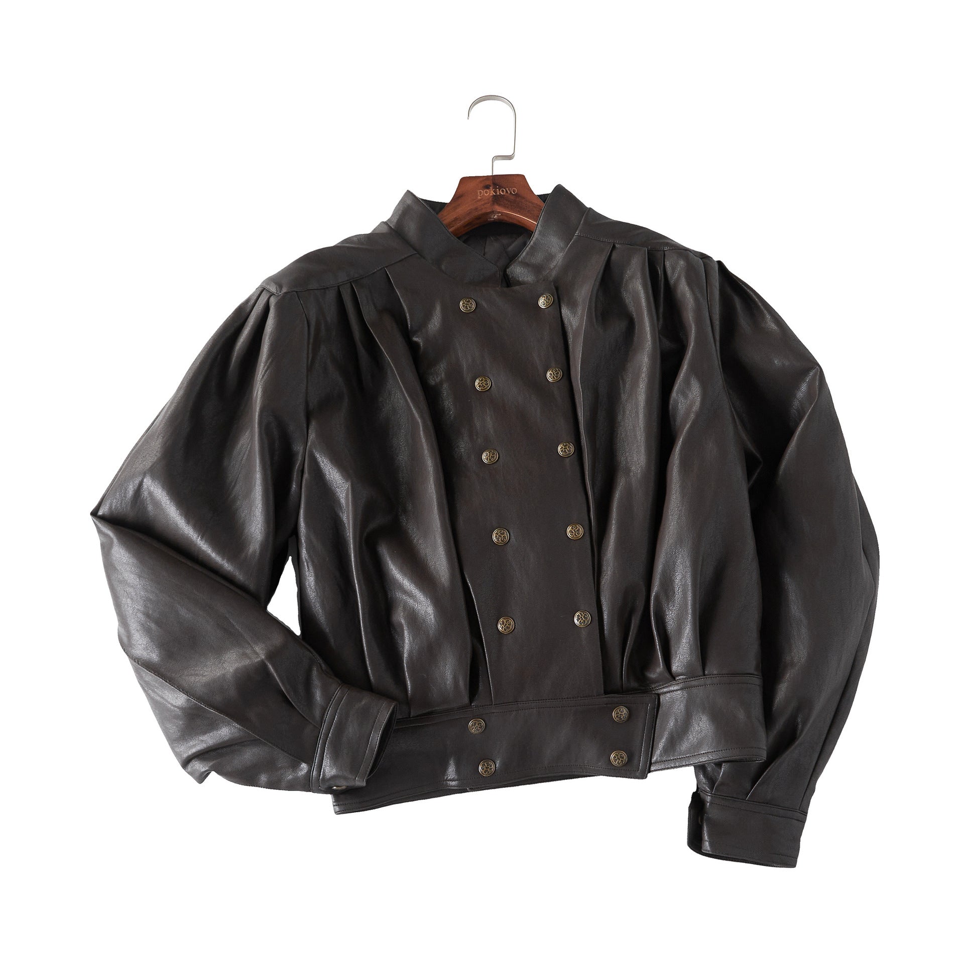 Double breasted shoulder pads PU leather cotton jacket for women
