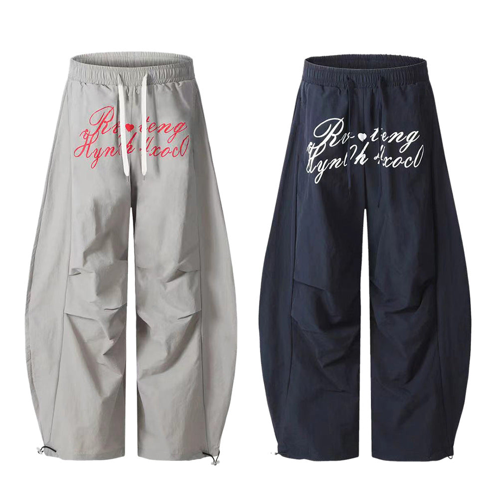 Letter Print Wide-Leg Nylon Pants – Street Style Drawstring Joggers