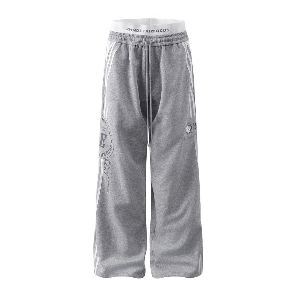 Splicing three stripes on the side of the bar loose wide leg pants
