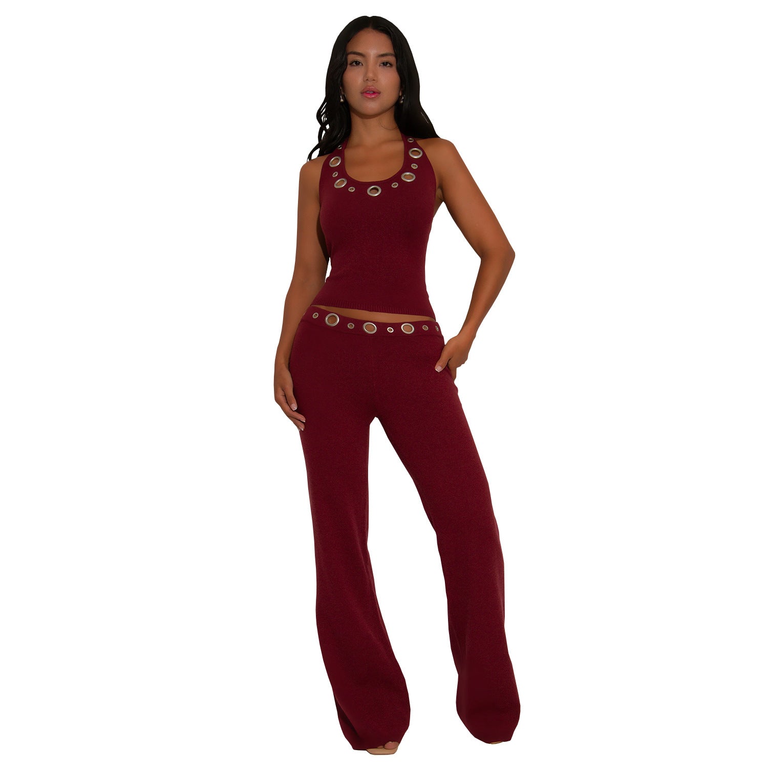 Fashion Women's Casual Fitted Eyelet Button Top and Pants Set