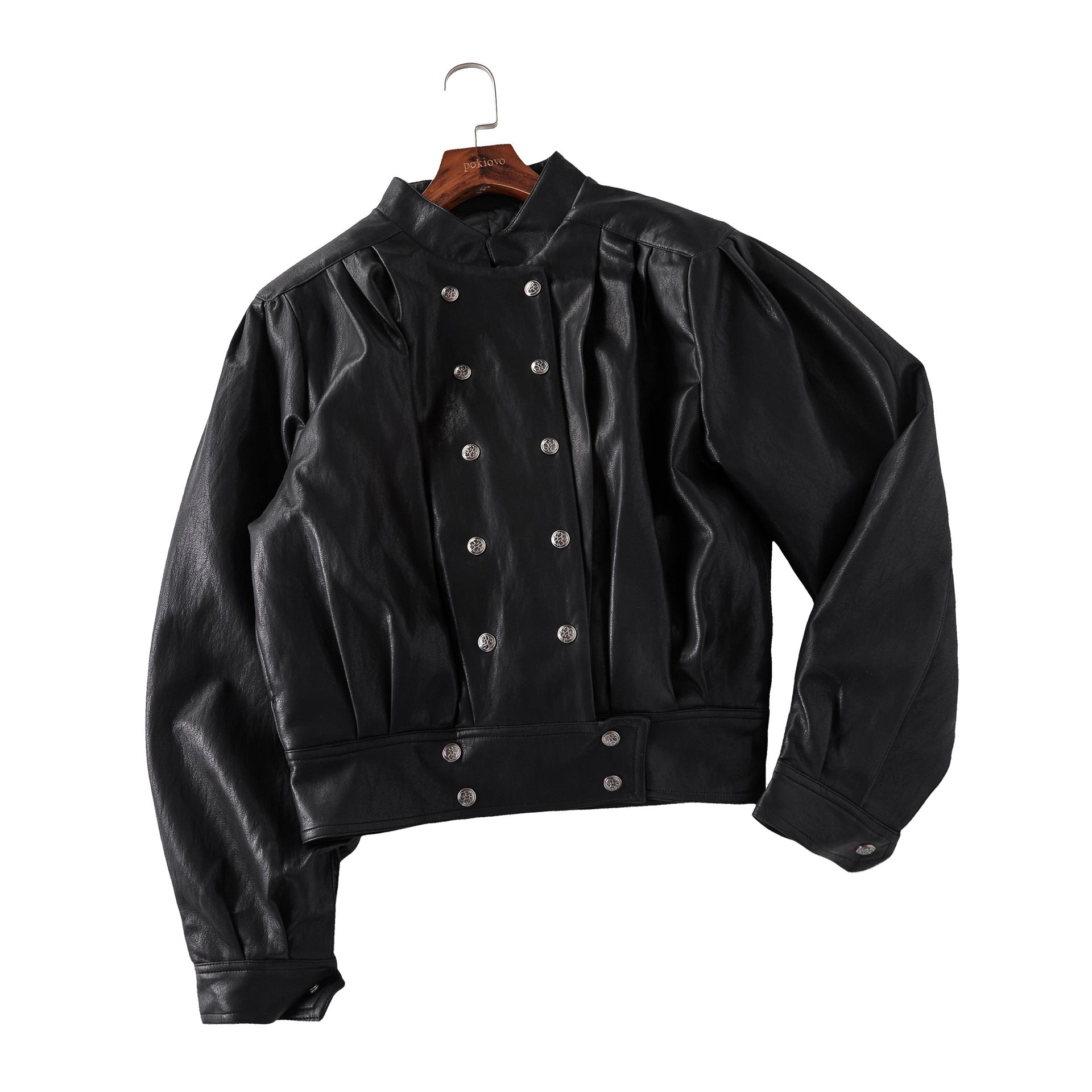 Double breasted shoulder pads PU leather cotton jacket for women