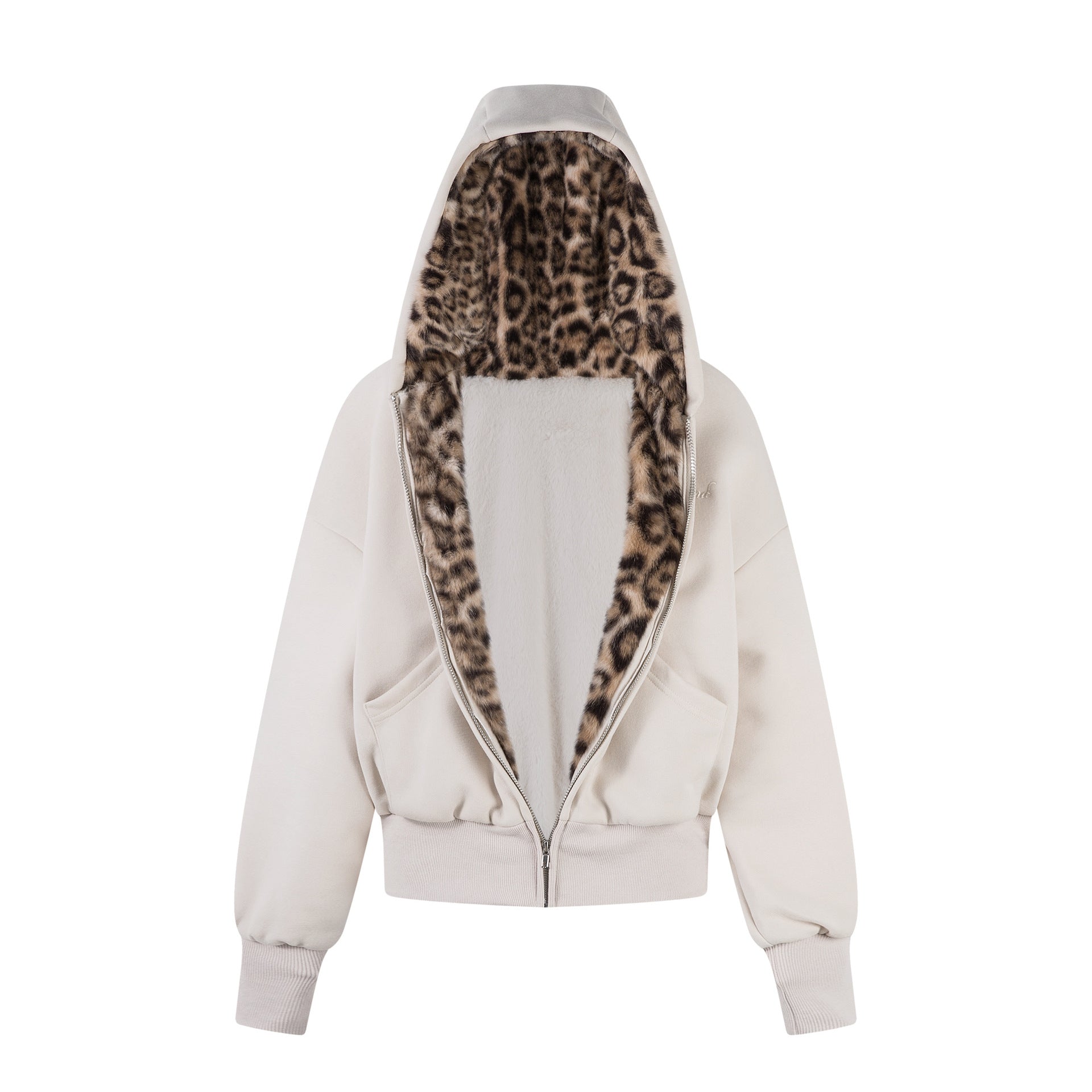 Leopard print patchwork and plush thick hooded sweatshirt jacket