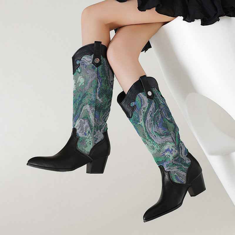 Retro Ethnic Style Patchwork Pointed Toe Western Boots  Chunky Heel High Shaft Western Cowboy Boots Made to order, ships in 7 days