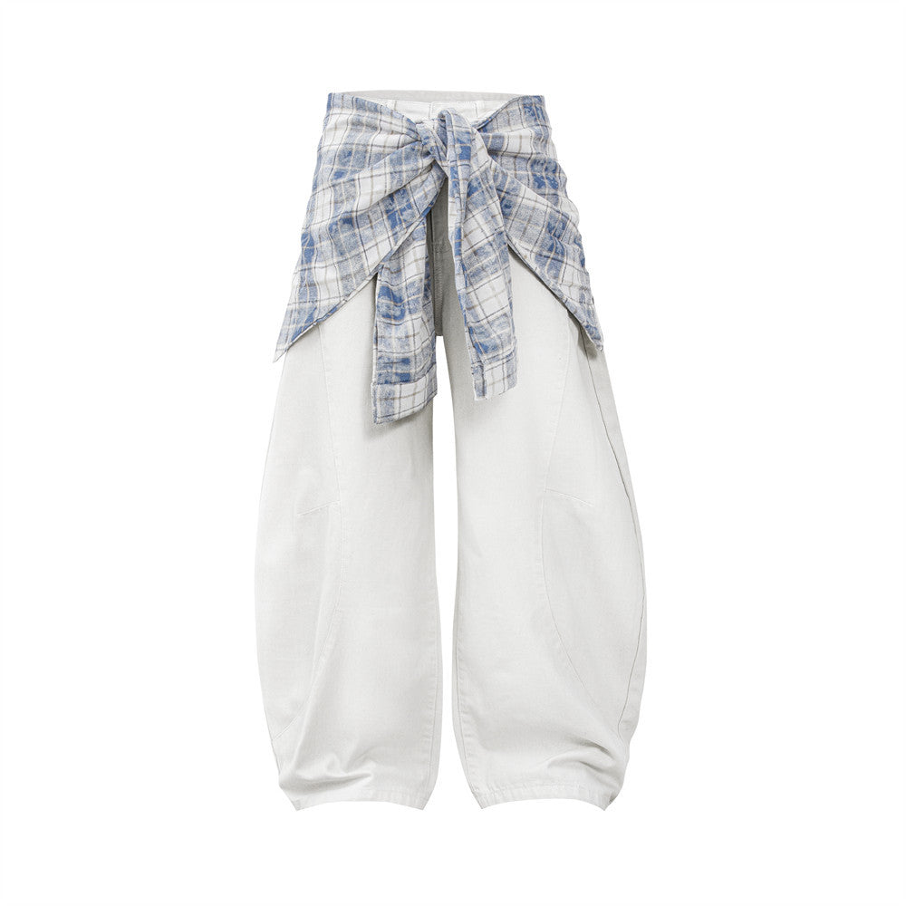 Fake two piece checkered spliced waist strap loose wide leg pants