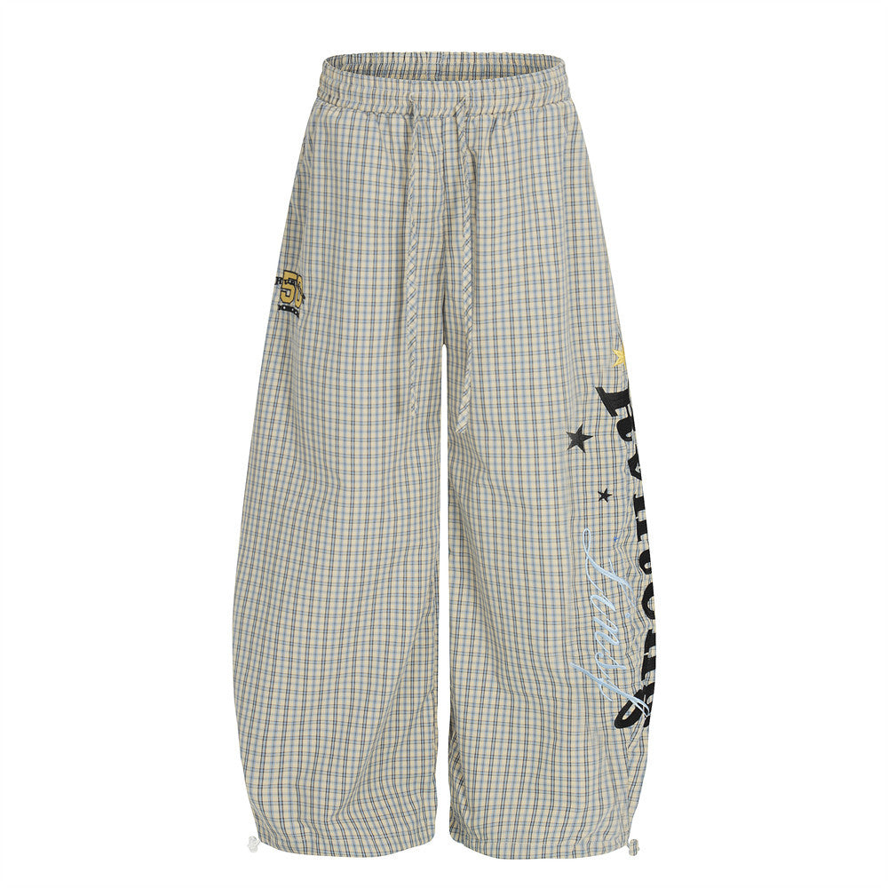Embroidered plaid curved knife pants with letters
