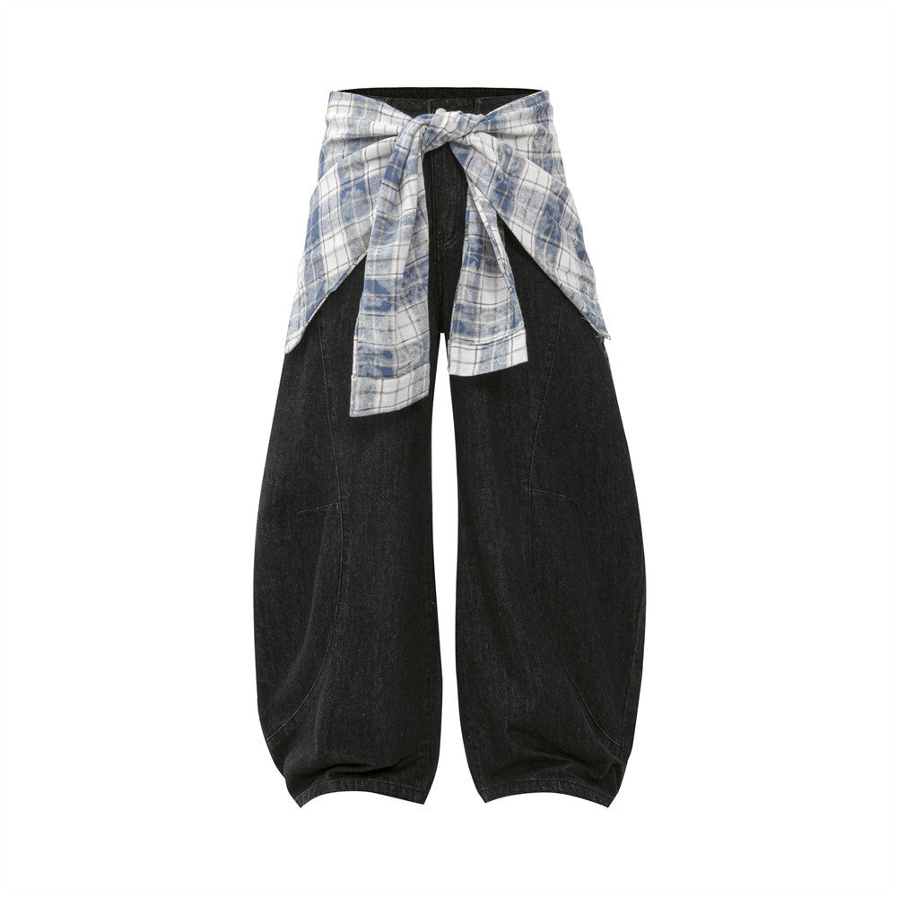 Fake two piece checkered spliced waist strap loose wide leg pants