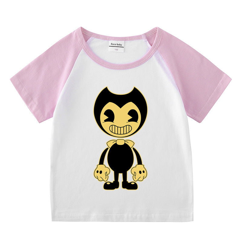 Short sleeved T-shirt for boys and girls with shoulder inserted base