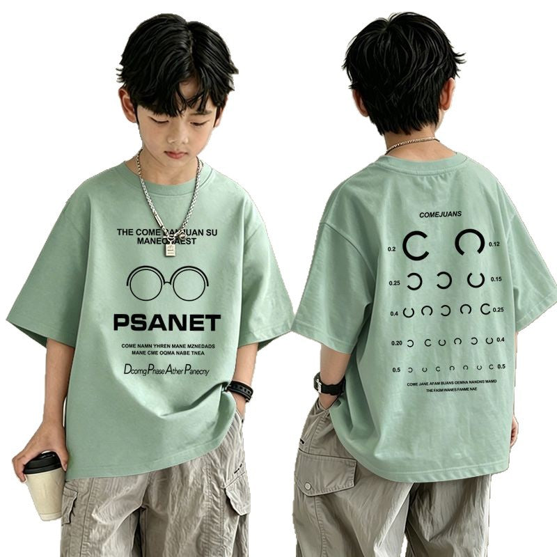 Boys'PSANET" Eye Chart Graphic T-Shirt – Oversized Short Sleeve Cotton Tee for Kids