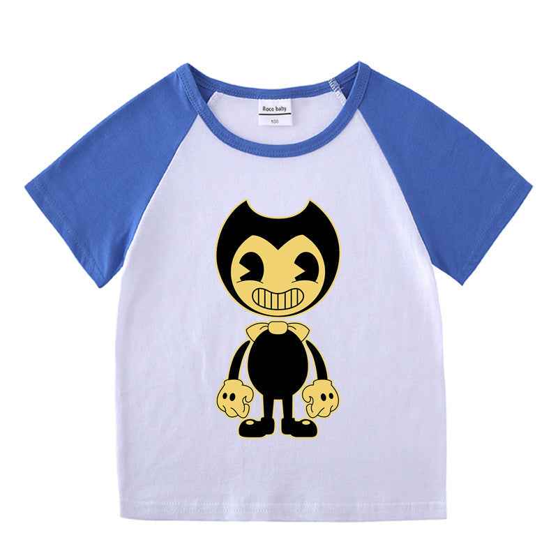 Short sleeved T-shirt for boys and girls with shoulder inserted base