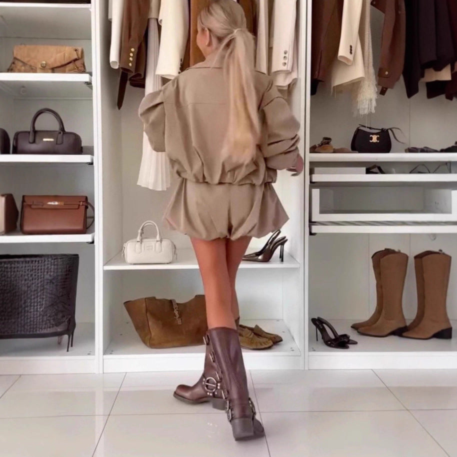 Fashionable Casual Solid Color Turn-Down Collar Short Trench Coat Shorts SetWorkwear Jacket Skirt Pants Suit