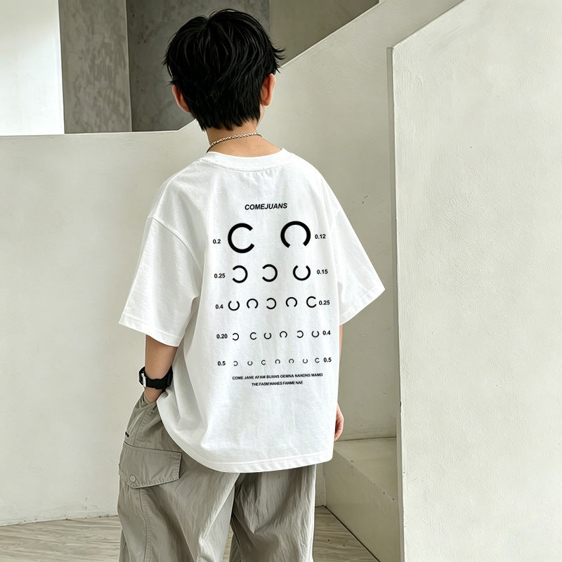 Boys'PSANET" Eye Chart Graphic T-Shirt – Oversized Short Sleeve Cotton Tee for Kids