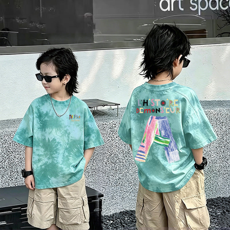 Men's Big Kids Short Sleeve T-Shirt New Style Children's Boy Casual Loose Top Trendy T-shirt