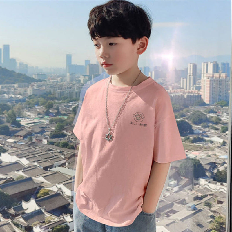 Boy's Short Sleeve T-Shirt Pure Round Neck Middle to Large Kids Letter Cool Loose Half Sleeve T-Shirt