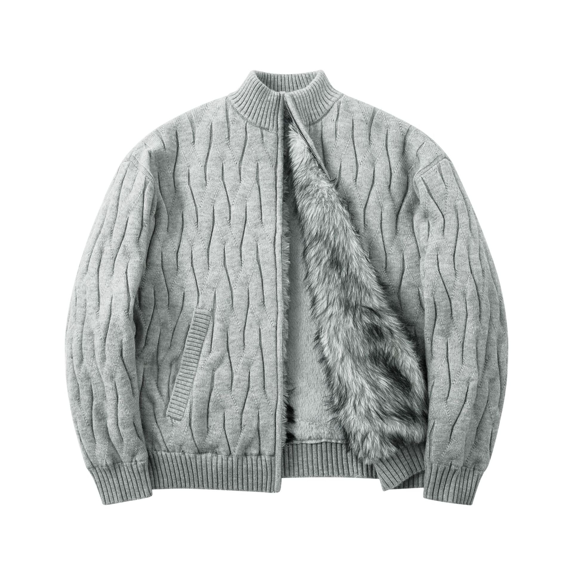 Grey twisted flower thickened velvet knitted sweater jacket