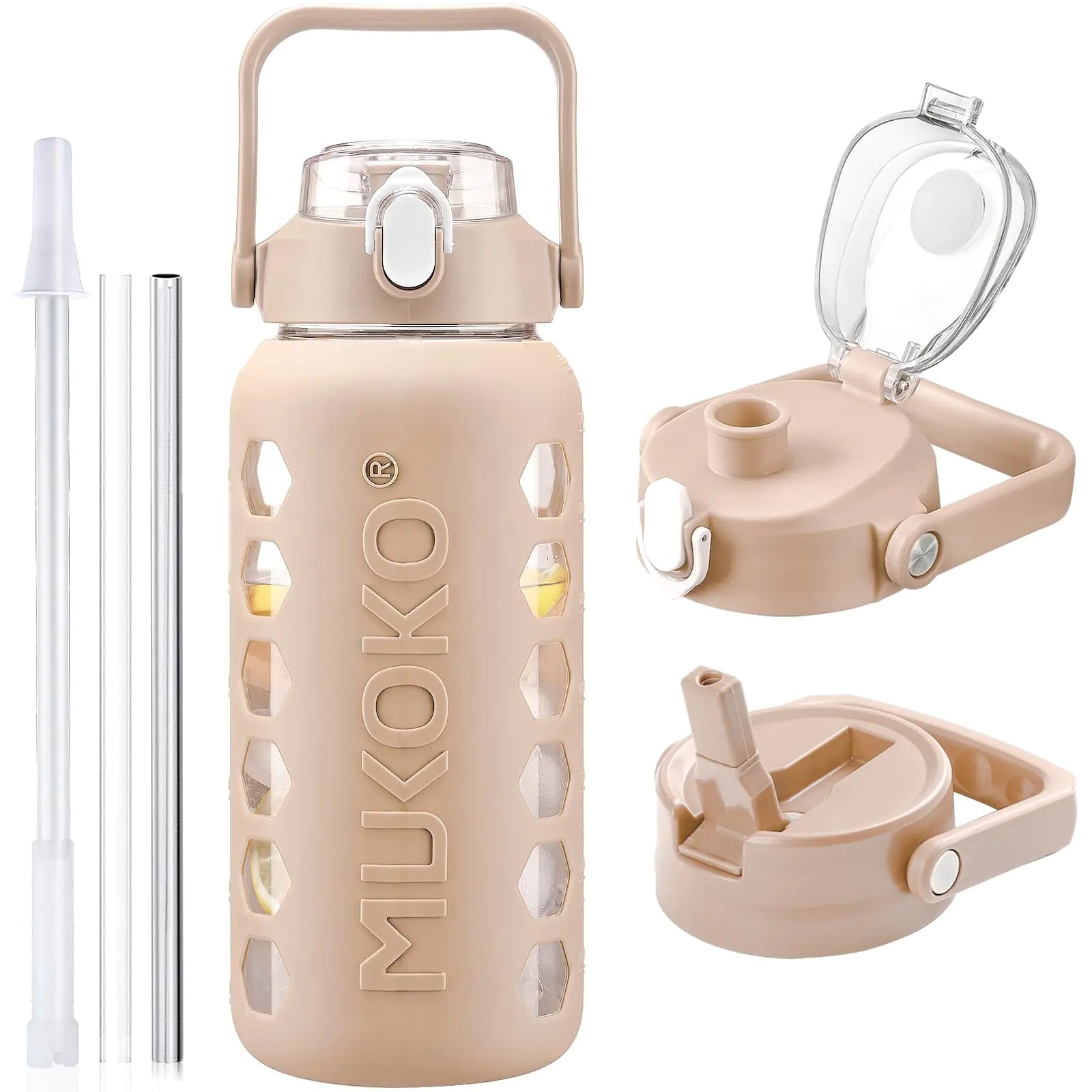 MUKOKO Glass Water Bottles 64oz with 2 Lids Half Gallon