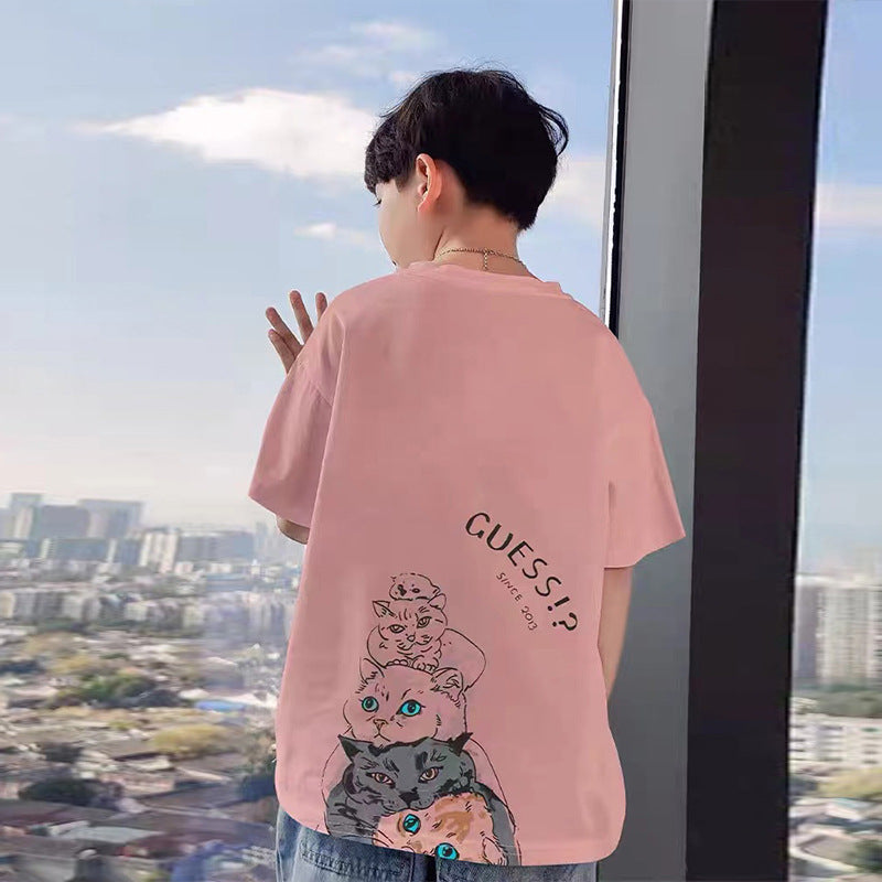 Boy's Short Sleeve T-Shirt Pure Round Neck Middle to Large Kids Letter Cool Loose Half Sleeve T-Shirt