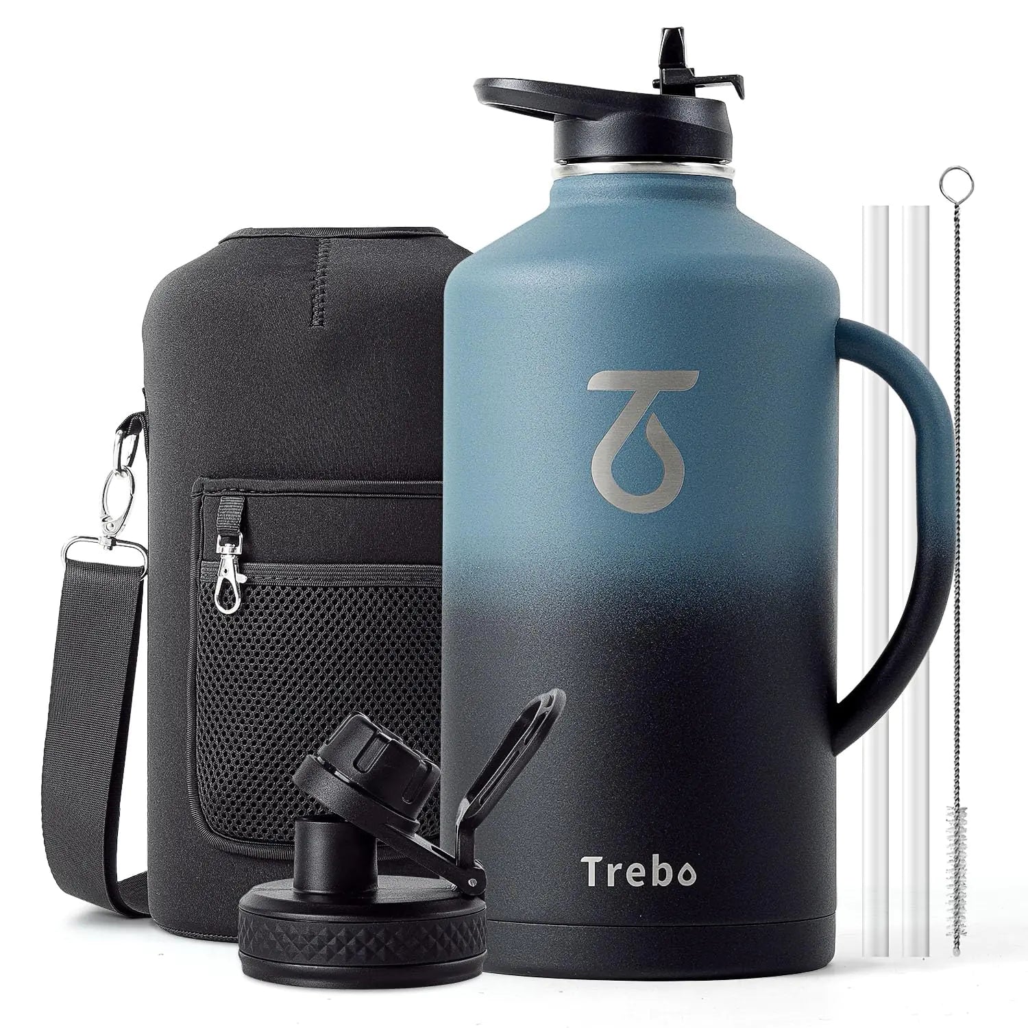 Trebo 128 oz Water Bottle Insulated with Handle One Gallon Stainless Steel Metal Large Jug Travel Flask with Straw Spout Lid Mug Tumbler Cup with Carry Pouch Keep Cold Hot Indigo Black
