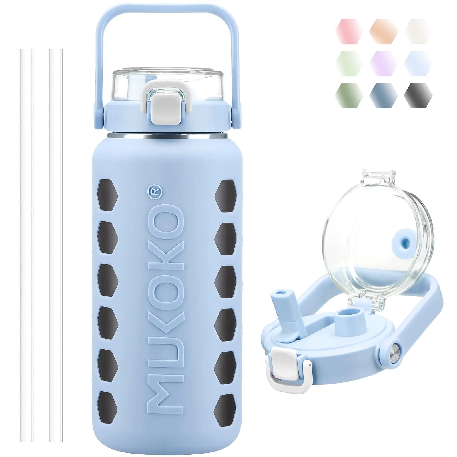 MUKOKO 64oz Insulated Water Bottle with Straw Half Gallon Stainless Steel Water Bottles Double Walled Hydro Water Jug/Flask Large Metal Thermal Cup with Silicone Sleeve - Glacier