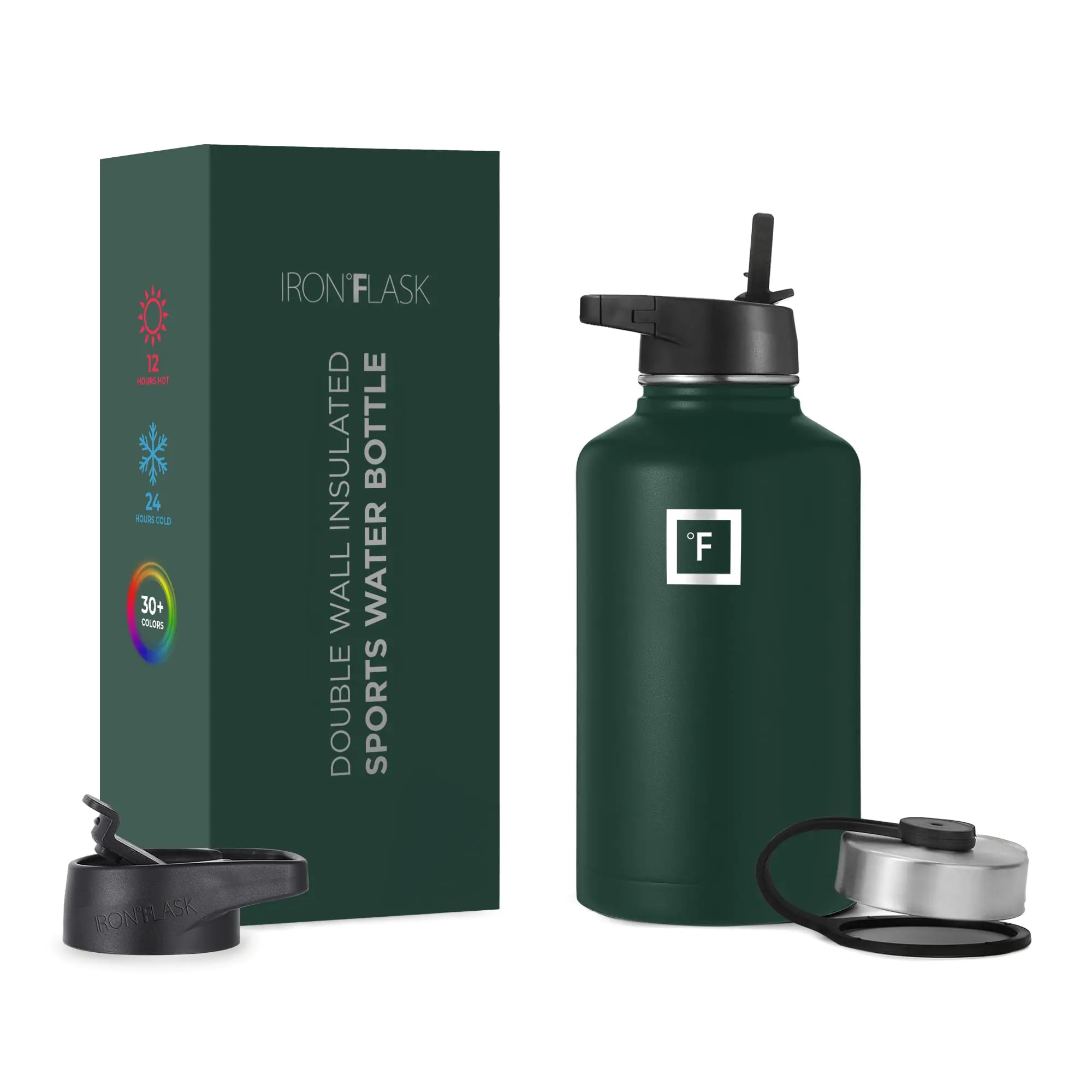 IRON °FLASK Camping & Hiking Hydration Flask with 3 Lids - Stainless Steel Double Walled & Vacuum Insulated Water Bottle - Leak Proof & BPA Free (Dark Pine Straw - 64 oz)