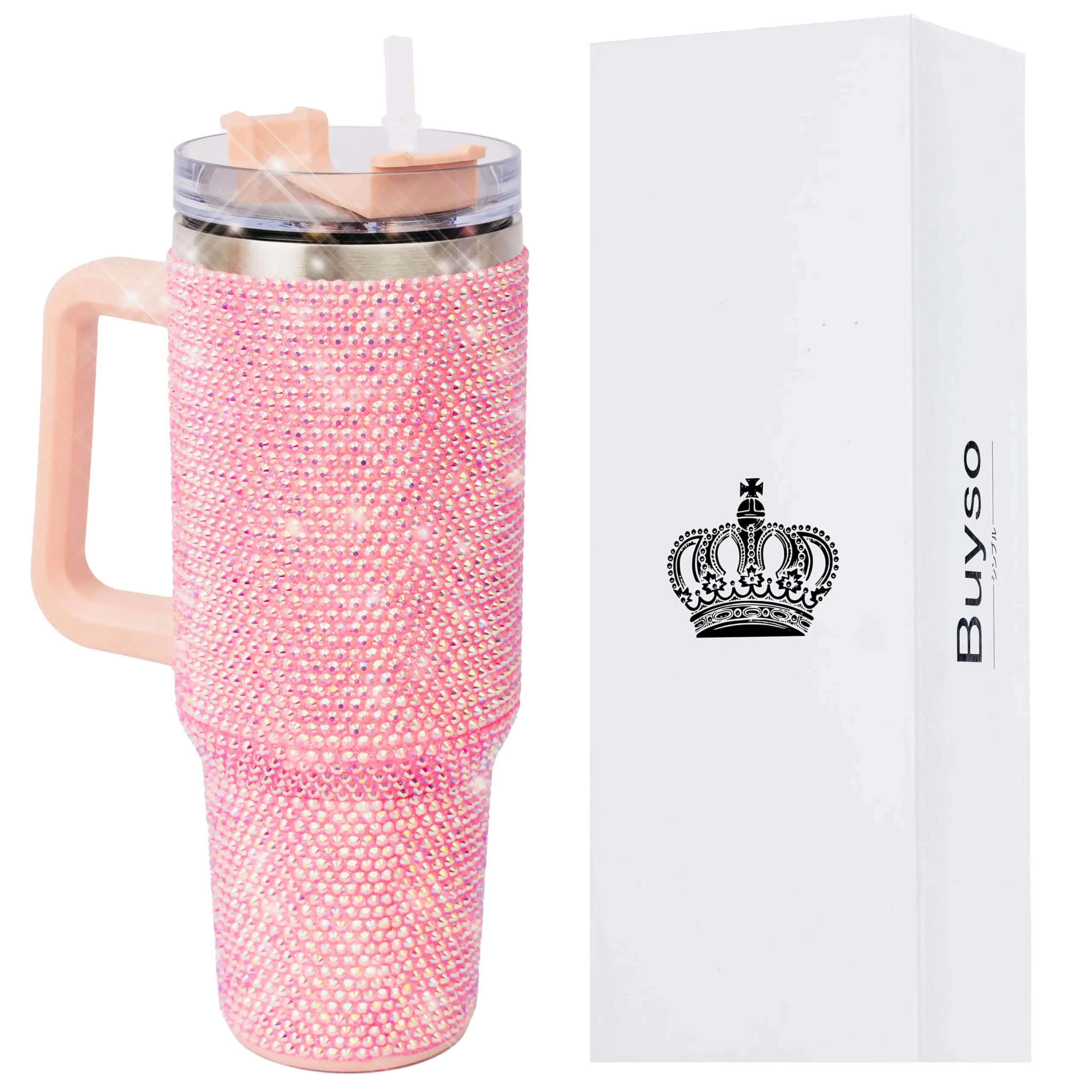 Buyso 40 Oz Bling Tumbler With Handle Rhinestones Tumbler With Lid and Straw Fix for Car Cup Holder Insulated Stainless Steel Double Wall Water Cup Travel Mug Tumblr For Women (40 oz Pink)