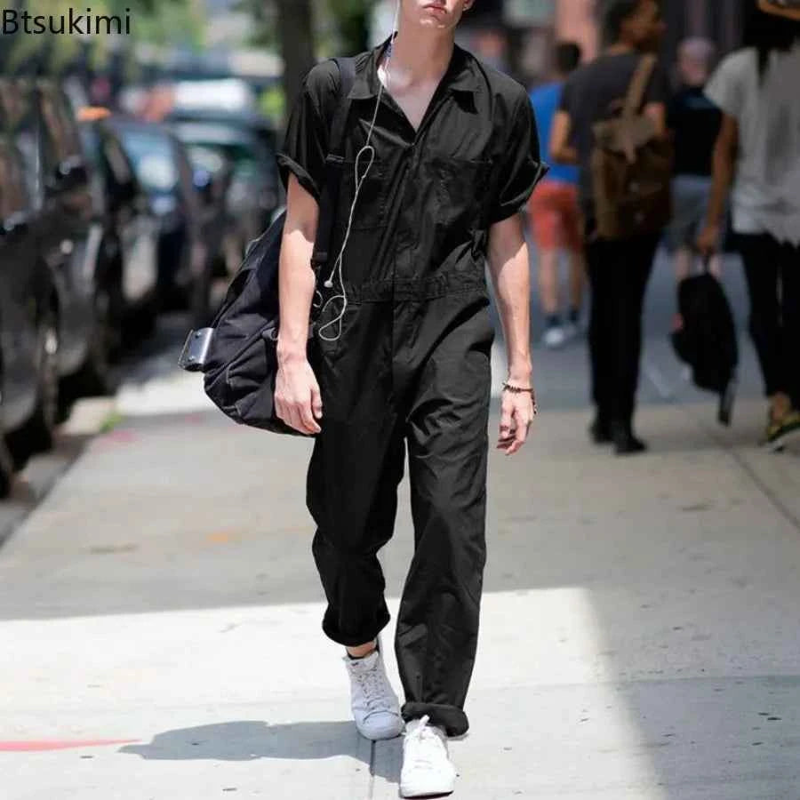 Overoles Casuales de Calle para Hombre 2026, Holgados, con Cierre, Múltiples Bolsillos, Manga Corta, Mono, Primavera Verano, Overoles Sólidos, Ropa de Trabajo para Hombre