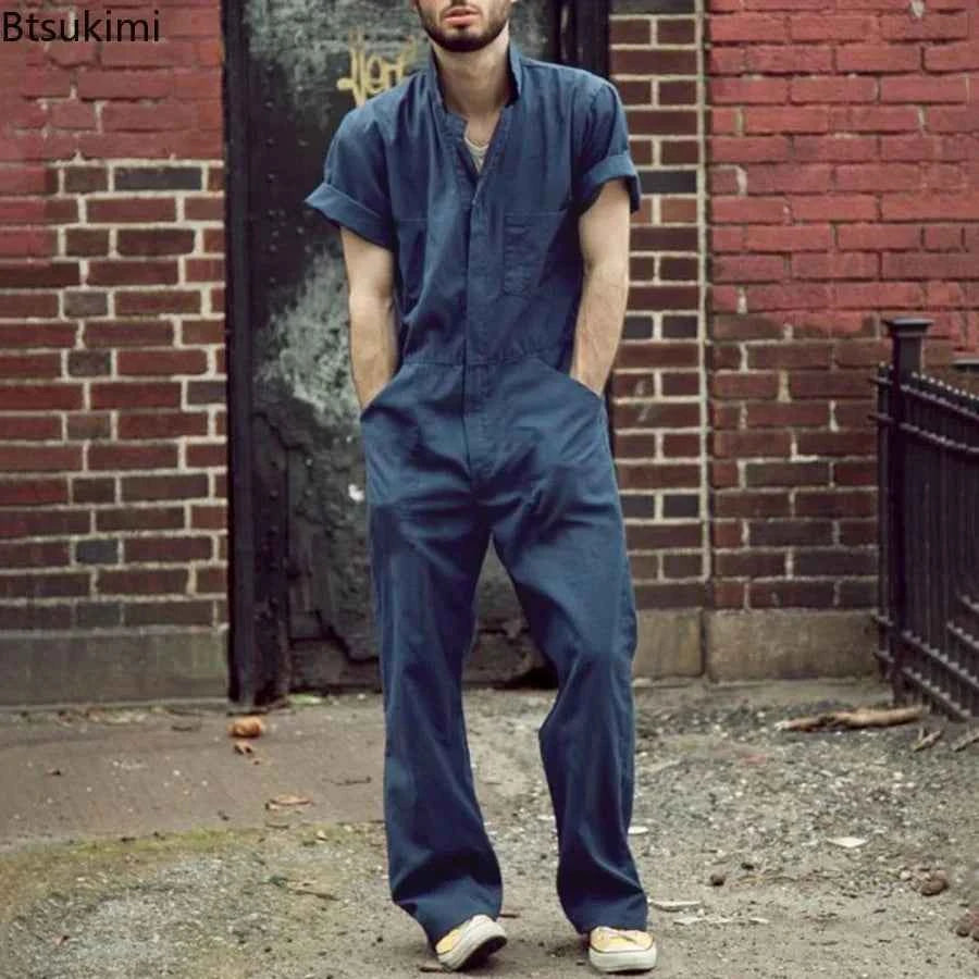 Overoles Casuales de Calle para Hombre 2026, Holgados, con Cierre, Múltiples Bolsillos, Manga Corta, Mono, Primavera Verano, Overoles Sólidos, Ropa de Trabajo para Hombre