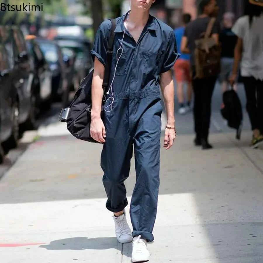 Overoles Casuales de Calle para Hombre 2026, Holgados, con Cierre, Múltiples Bolsillos, Manga Corta, Mono, Primavera Verano, Overoles Sólidos, Ropa de Trabajo para Hombre