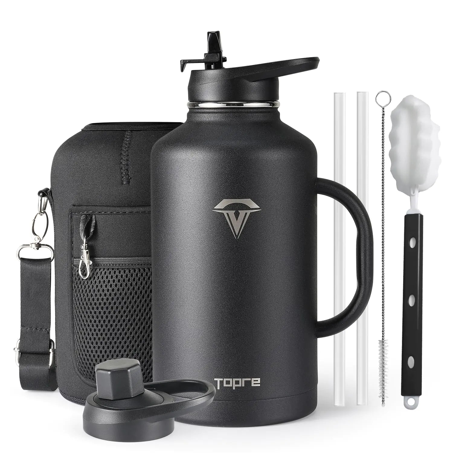 Topre Half Gallon Water Bottle with Straw and Lid 64 oz Insulated Stainless Steel Jug with HandleReusable Metal Travel Flask Mug Cup With Carry Pouch and BrushKeep Cold & HotBlack