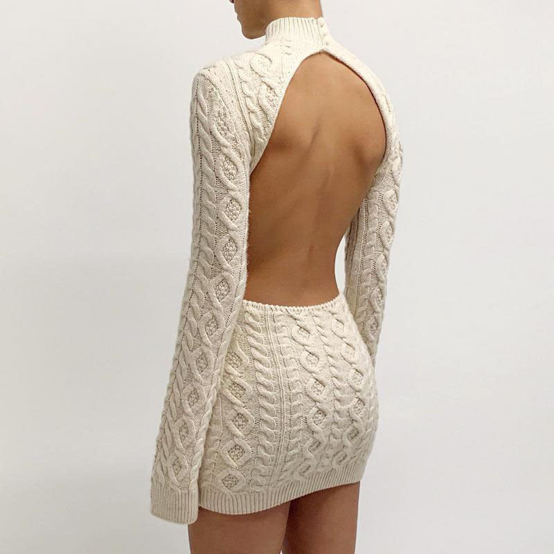 Long Sleeve Round Neck Back Slim Wrapped Sweater Dress