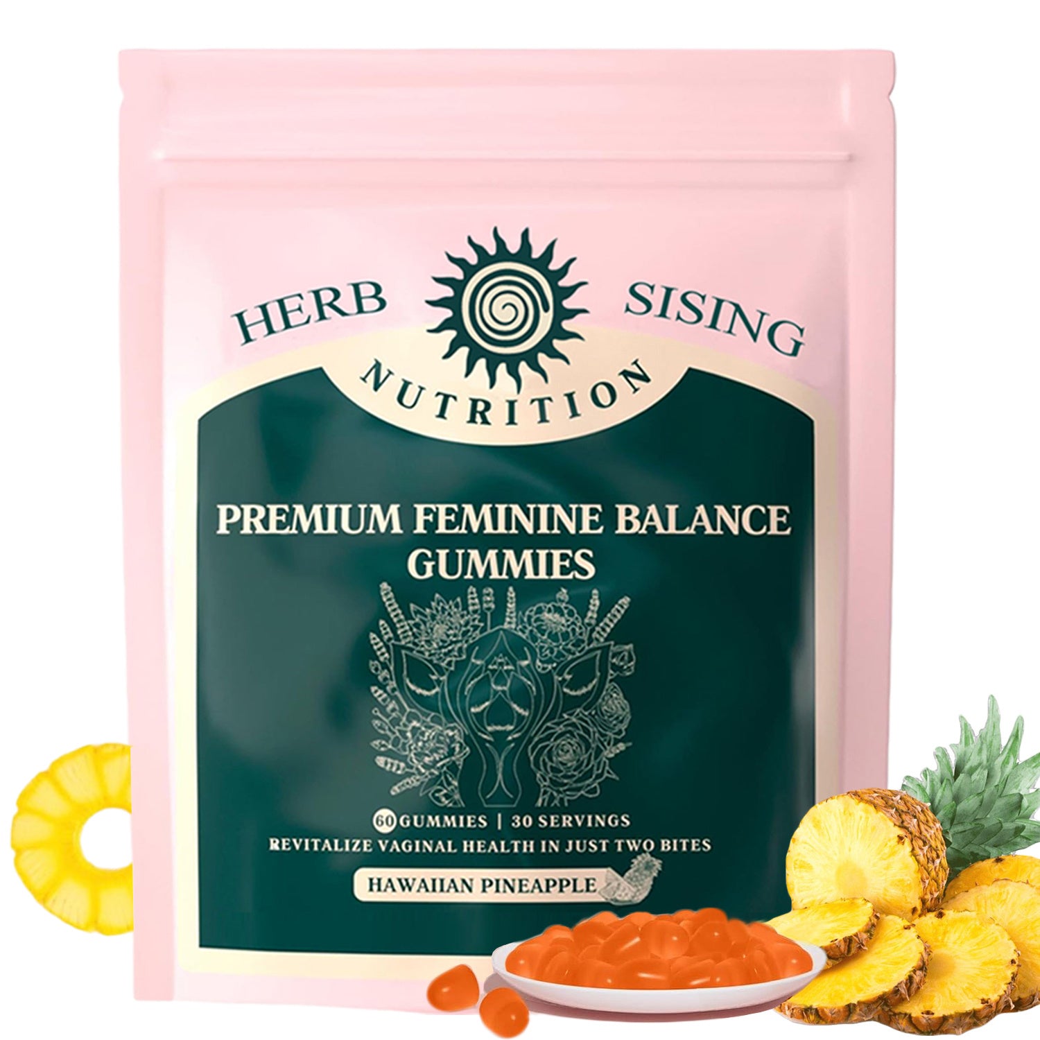 2 X 60 Premium Feminine Balance Gummies For Women's Vital Health, Wellness And Immune Support, Hawaiian Pineapple Flavor, Vegan, Gluten-Free & Halal, 30 Servings