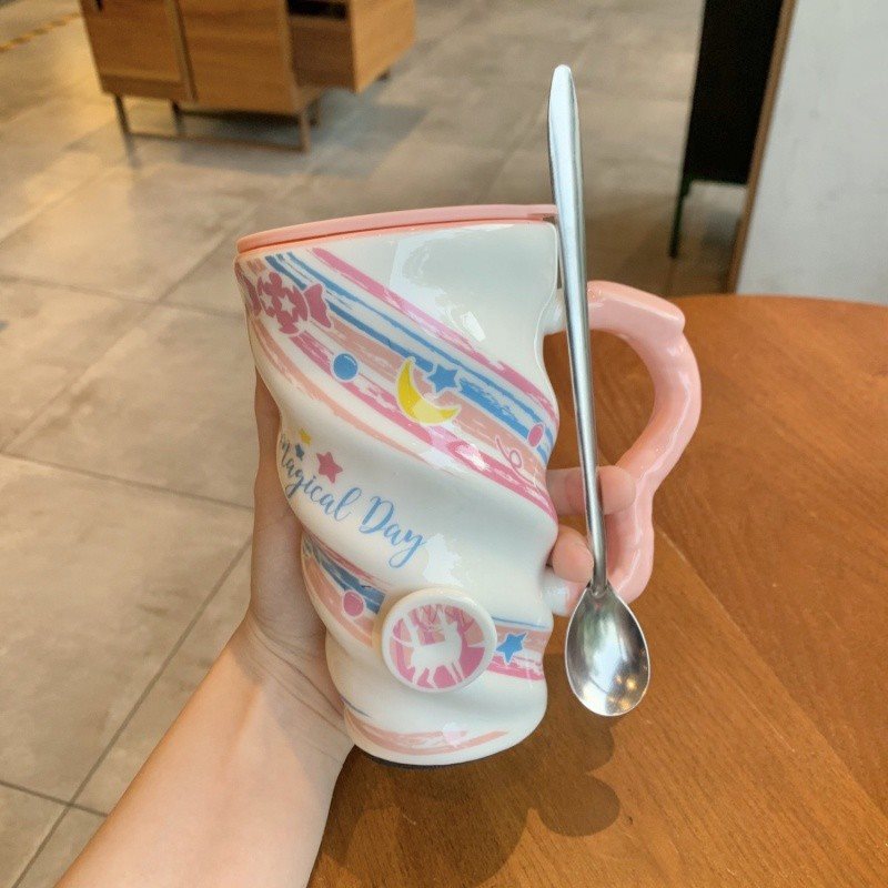 Candy Flamingo Ceramic Cup With Lid And Stainless Steel Spoon