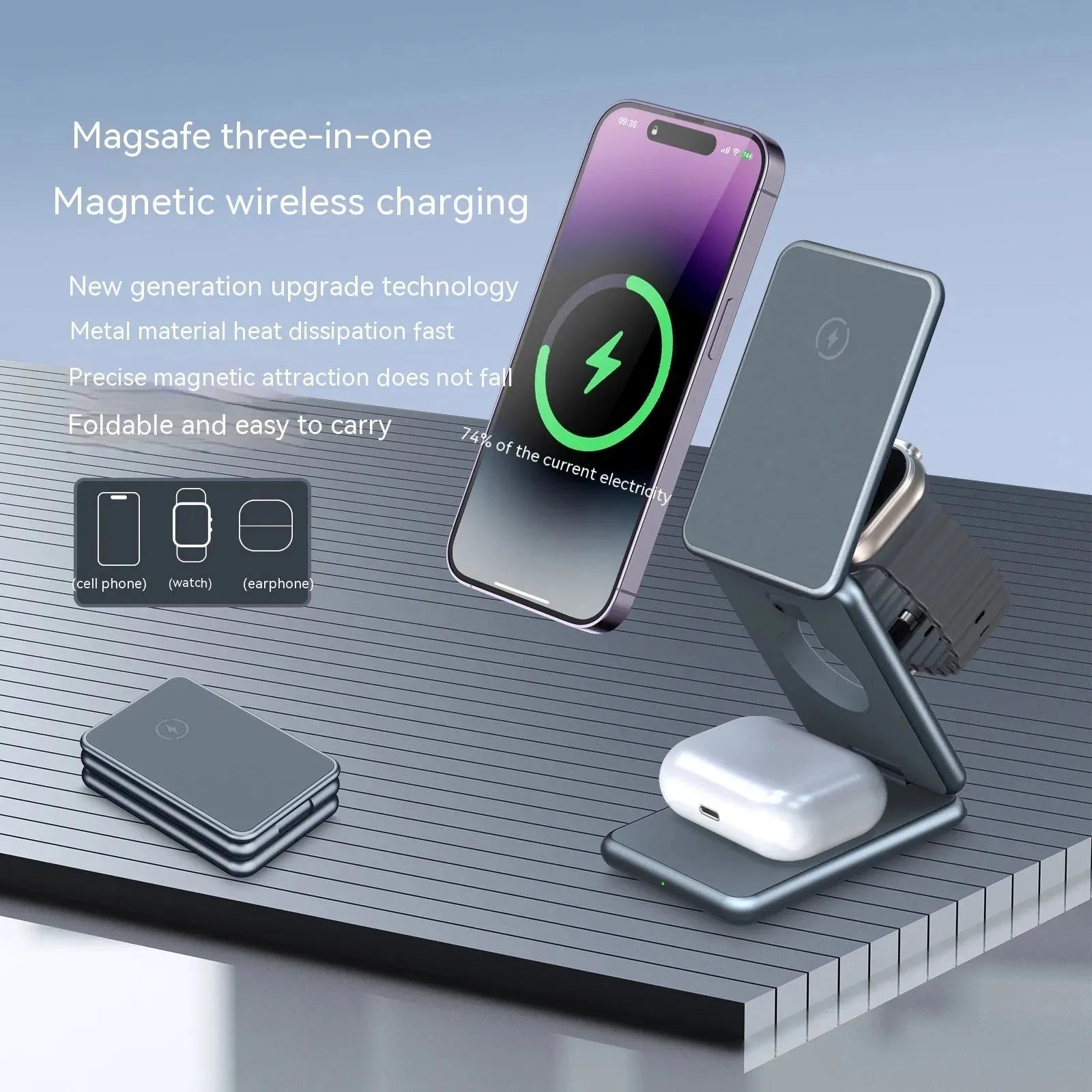 Aluminum Alloy Folding Wireless Charging Bracket Mobile Phone Headset Watch Three-in-one 15W Magnetic Fast - Bellarte Enchanté Aluminum Alloy Folding Wireless Charging Bracket Mobile Phone Headset Watch Three-in-one 15W Magnetic Fast