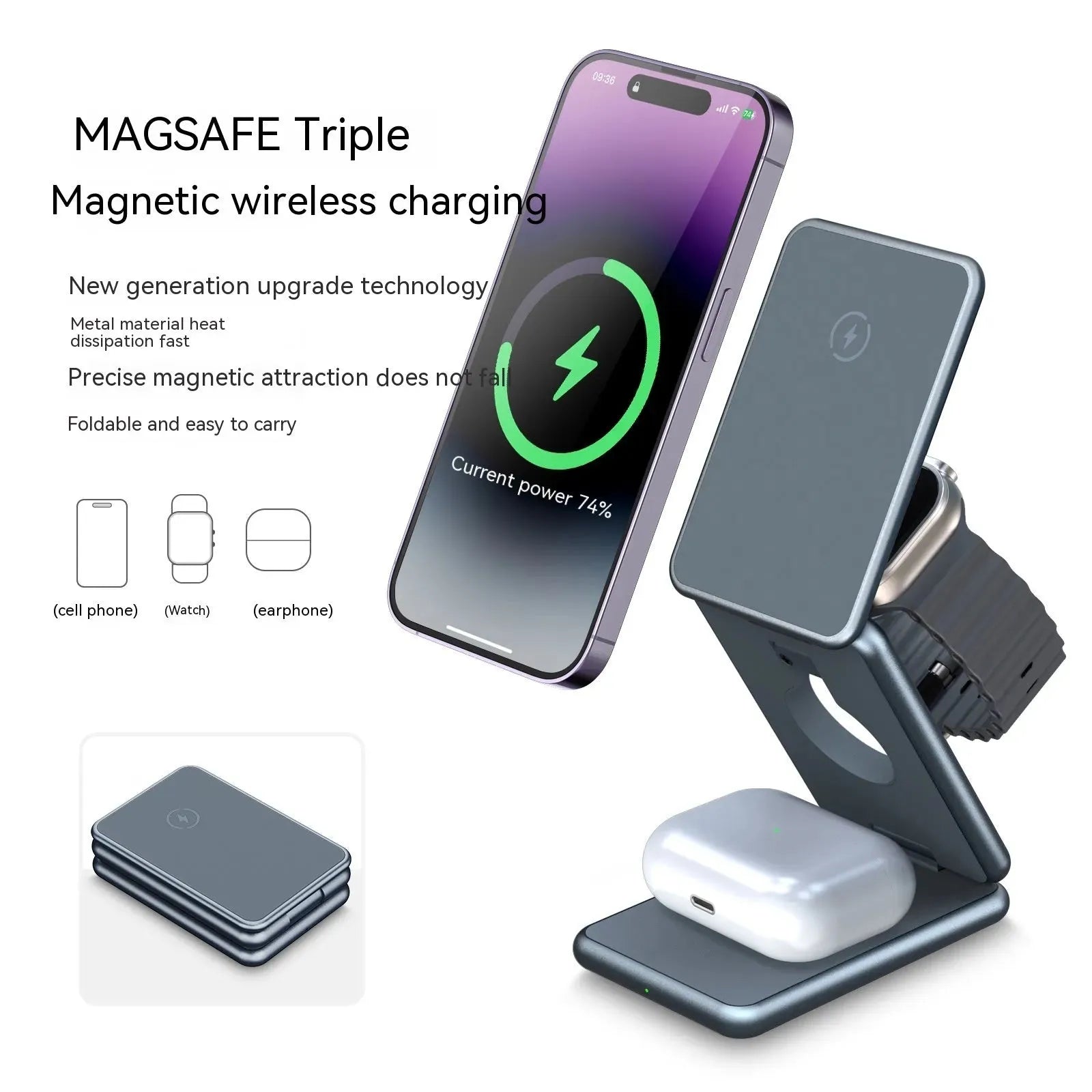 Aluminum Alloy Folding Wireless Charging Bracket Mobile Phone Headset Watch Three-in-one 15W Magnetic Fast - Bellarte Enchanté Aluminum Alloy Folding Wireless Charging Bracket Mobile Phone Headset Watch Three-in-one 15W Magnetic Fast