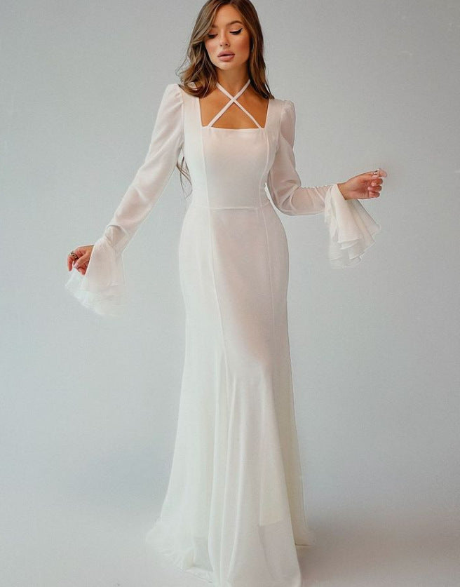 Autumn Square Collar Bell Sleeve Temperament Dress - Bellarte Enchanté Autumn Square Collar Bell Sleeve Temperament Dress